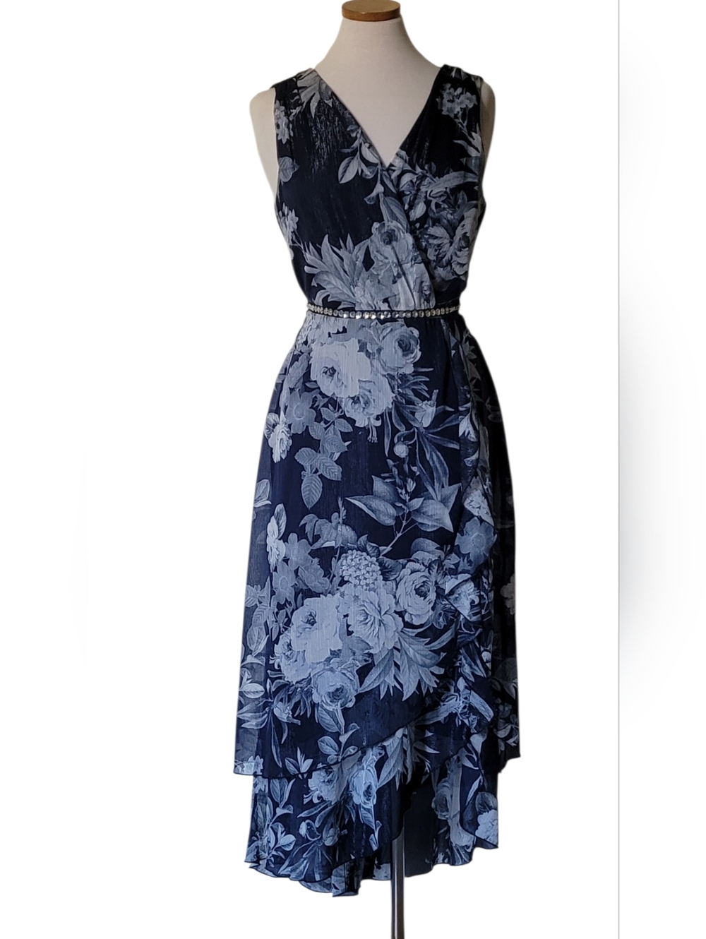 Alexa B Nites Ebellished Rhinestone Shimmer Ruffle Wrap Any Occasion Midi Dress
